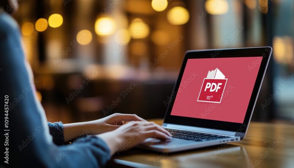 Aufkleber a person typing on a laptop with a pdf document displayed on the screen.