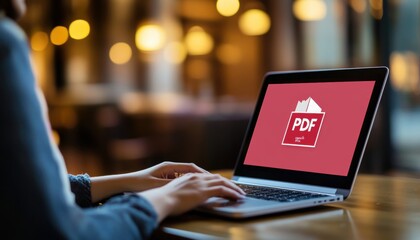 A person typing on a laptop with a PDF document displayed on the screen.
