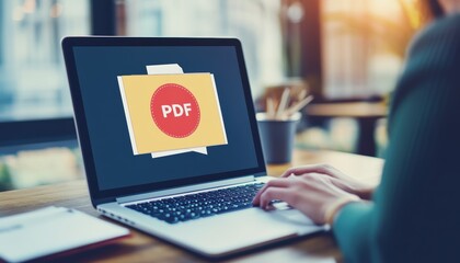 A woman working on her laptop, focused on PDF document editing in a bright workspace.