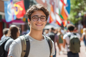 Naklejka premium Portrait of a young man student with glasses and a backpack on the street in front of the university. International Students Day