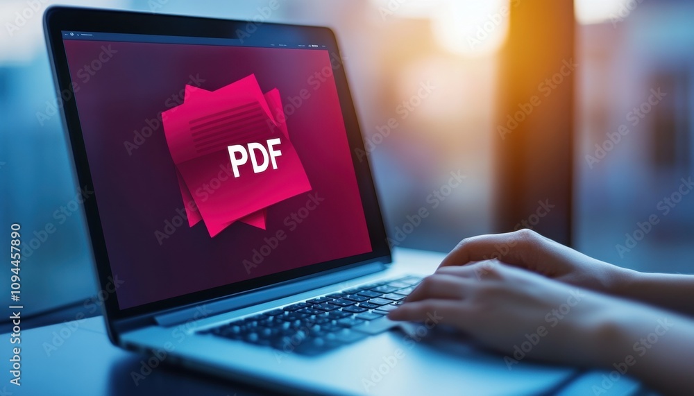 Poster close-up of hands typing on a laptop displaying a pdf icon in a warm-lit environment.