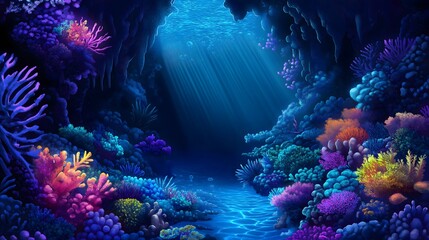 Naklejka premium Vibrant Coral Reef in Underwater Cave with Light Rays