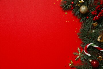 Festive Christmas background with pine branches, different  decorations, copy space composition