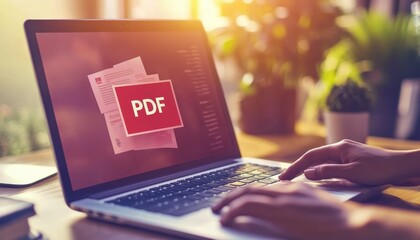 Close-up of a woman's hand using a laptop with PDF documents on screen.
