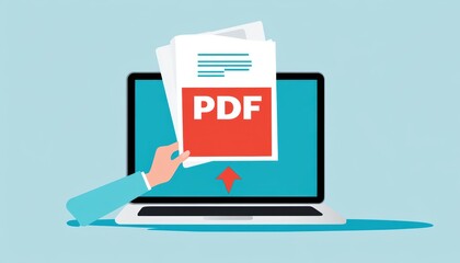 Hand holding PDF documents above a laptop screen, illustrating digital file management.