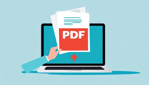 Hand holding PDF documents above a laptop screen, illustrating digital file management.