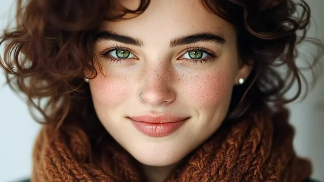 Smiling Caucasian woman with curly hair wearing a scarf, evoking warmth and autumn fashion