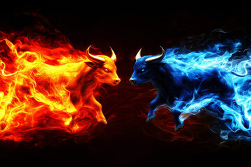 Two bulls with blue and red flames on their faces