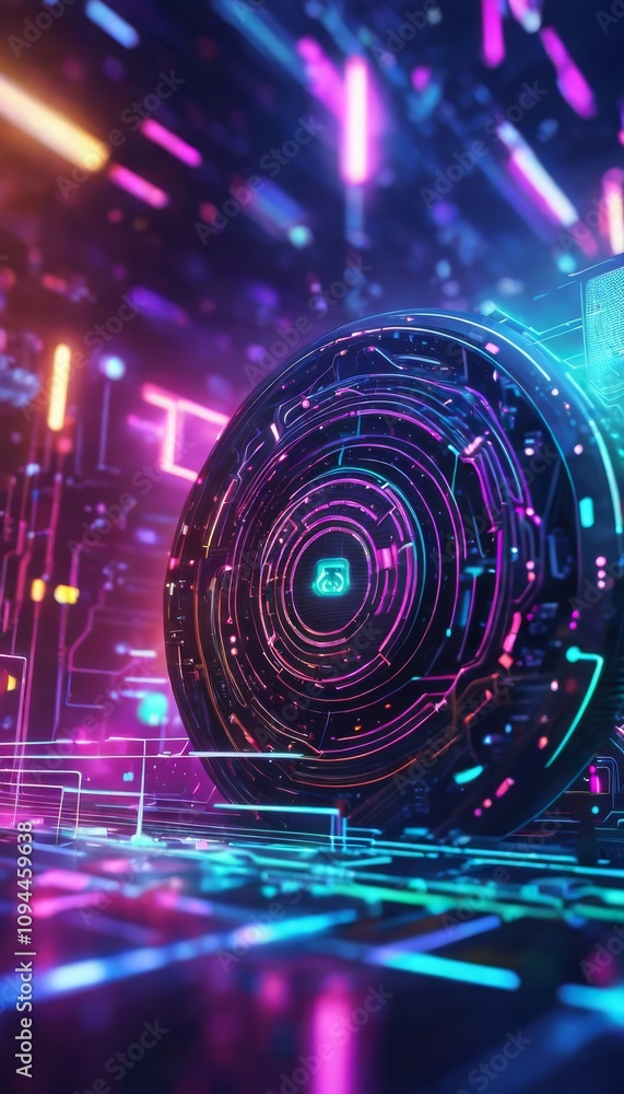 Poster futuristic neon digital interface with glowing circuit patterns and vibrant colors