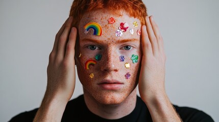 Young caucasian male adorned with colorful stickers displaying freckles.