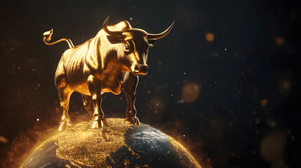 A dramatic scene of a golden bull standing on a globe symbolizing global financial optimism.