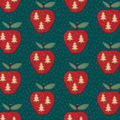 Scandinavian Christmas pattern with apples and fir trees in dark red and green. Vintage festive textured background for decoration and gift wrap.