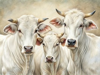 Stunning Portrait Photography of Three Detailed Pencil Drawings of White Cattle - Realistic Art, Farm Animals, Nature, Animal Portraits, Sketch Art, Artistic Representation