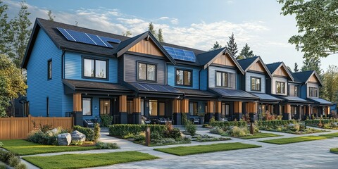 Naklejka premium light blue and black modern townhouses with dormers window, solar panel technology and modern fences with paving stones 