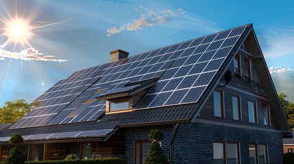 Fototapeta premium Modern House with Solar Panels and Clear Sky