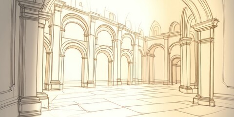 A sketched interior of a grand architectural space with arches and columns.