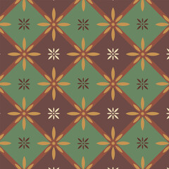 Vintage plaid tile pattern with rosettes in dark brown dnd green