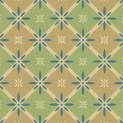Retro geometric lattice repeat pattern with rosette flowers and rhombus tiles in green and beige. Light minimalist traditional plaid background.