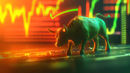 A dynamic stock chart with a green upward arrow and a charging bull in the foreground.