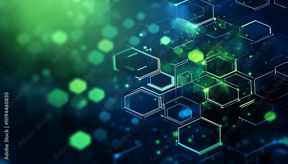 Poster abstract digital background with hexagonal shapes and glowing effects in green and blue tones.
