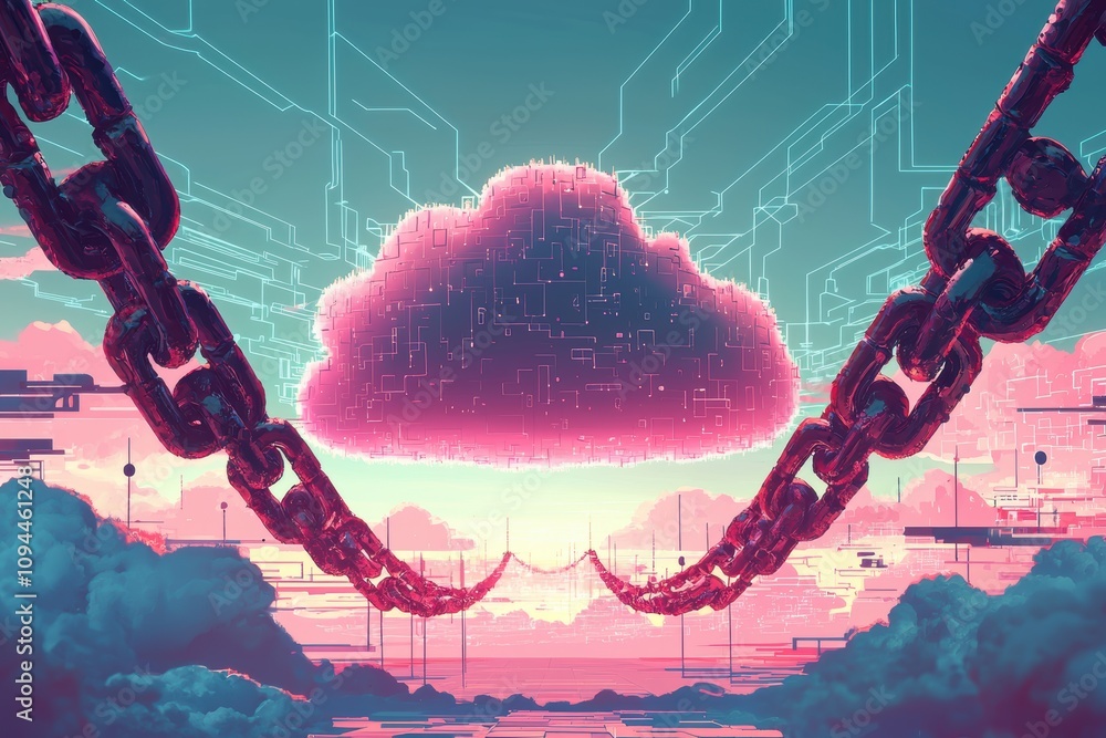 Poster cybersecurity concept: digital locks and chains securing cloud storage in a dynamic digital landscap