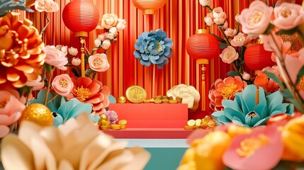Naklejka premium A festive, colorful Chinese New Year podium surrounded by paper lanterns, gold coins, and floral motifs, with plenty of space in the foreground for product showcasing.
