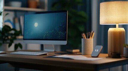 Fototapeta premium A cozy home office setup featuring a smart home hub on the desk