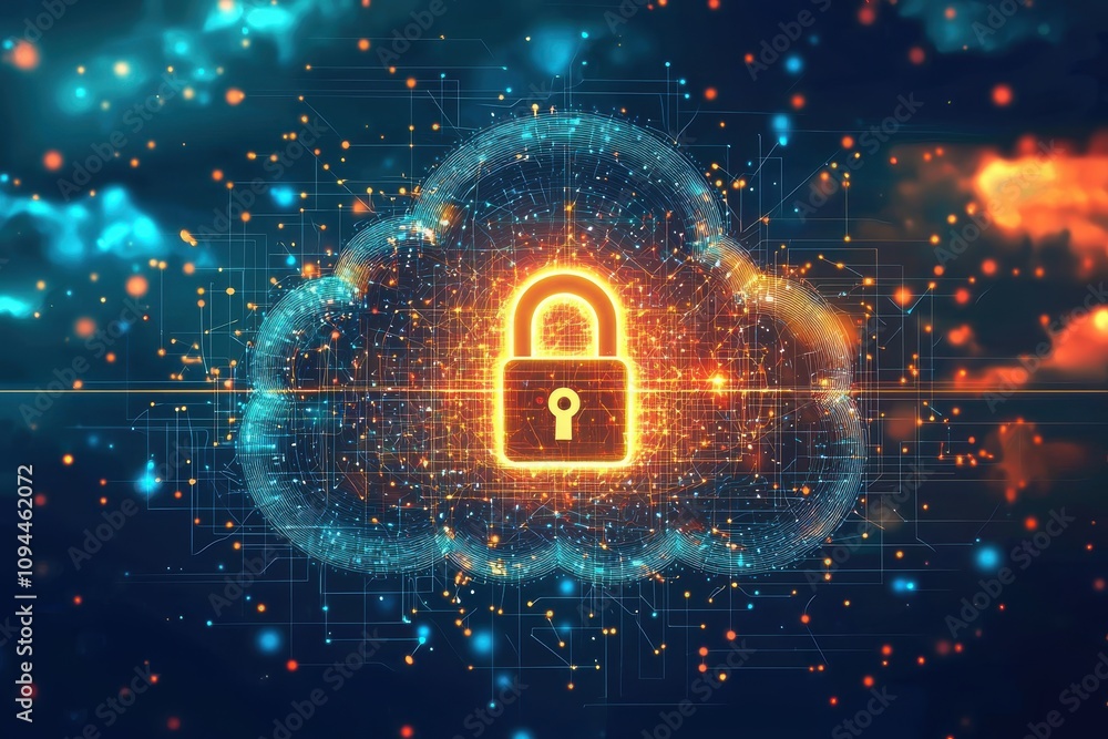 Poster secure cloud storage concept: digital padlock highlighting data protection and reliability