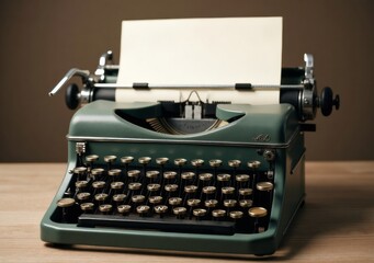 Vintage typewriter on wooden table with blank paper ready for creative writing
