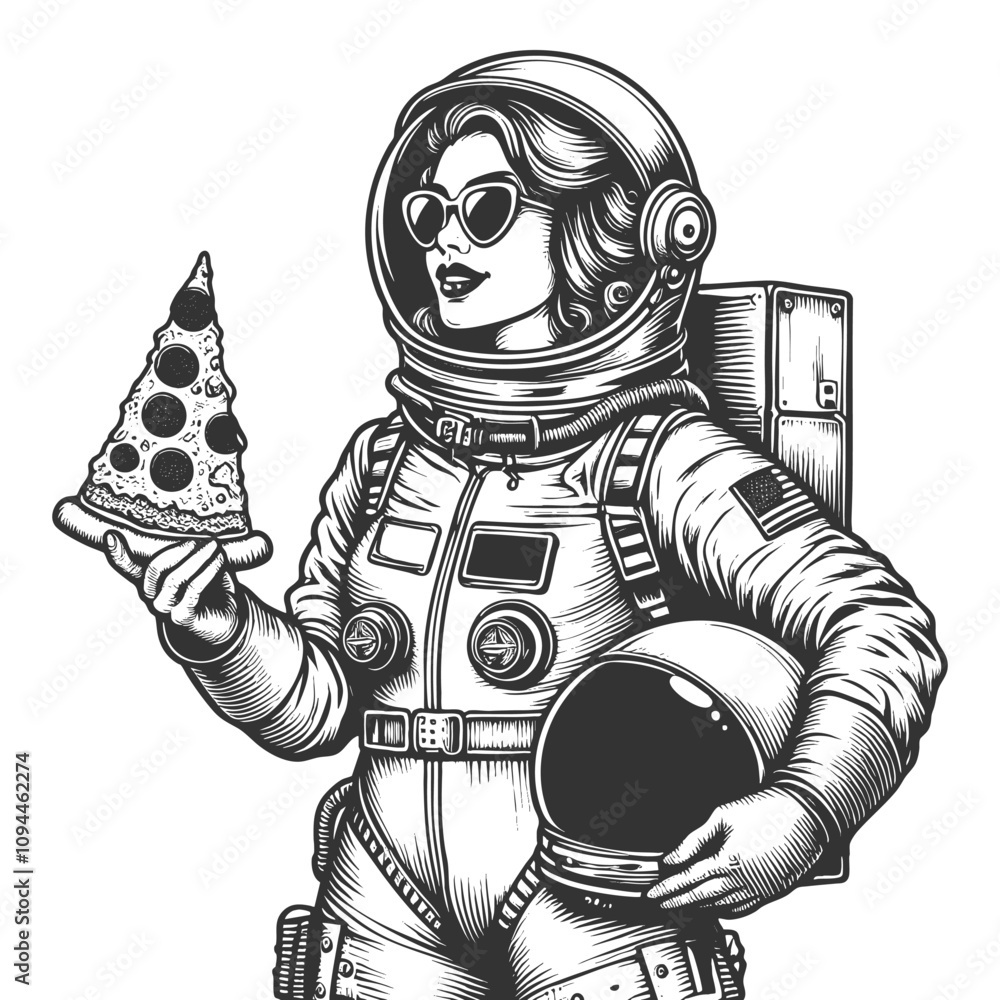 Poster astronaut with slice of pepperoni pizza in space, surrounded by stars in a retro style sketch engrav