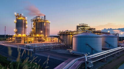 Obraz premium Industrial Complex at Sunset with Silos and Pipelines