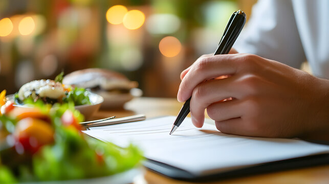 A food critic taking notes while tasting a gourmet meal at a fine-dining restaurant.