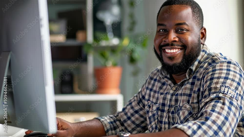 Aufkleber Smiling man works at computer in cozy workspace with plants and warm light in the background
