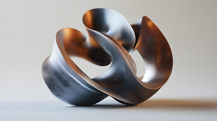 A futuristic 3D-printed sculpture of interwoven spirals in metallic hues.