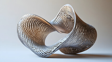 A futuristic 3D-printed sculpture of interwoven spirals in metallic hues.