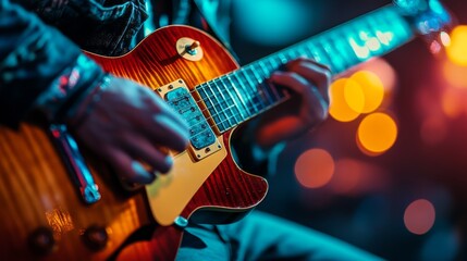Obraz premium Close-up of musician's hands playing electric guitar on stage.
