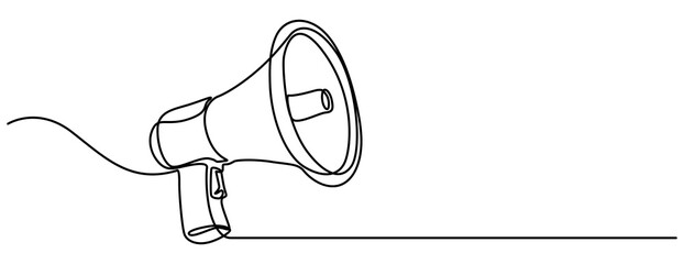 Continuous one line drawing of horn speaker signs and symbol for announcement and employee hiring vector illustration. Pro vector, Public horn speaker in One continuous line drawing. Megaphone 