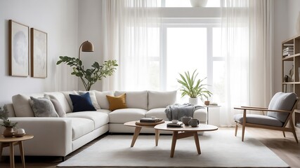 a living room with couches, chairs and a coffee table in the center of the room is large windows
