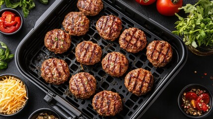 Cheese Burgers in Air Fryer Basket on a Tabletop