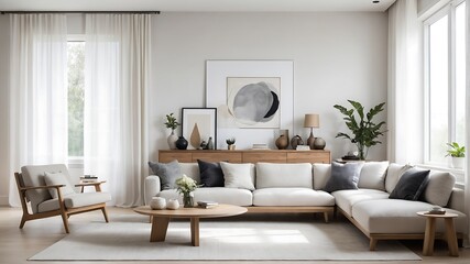 Stylish interior of living room with soft sofa and coffee table