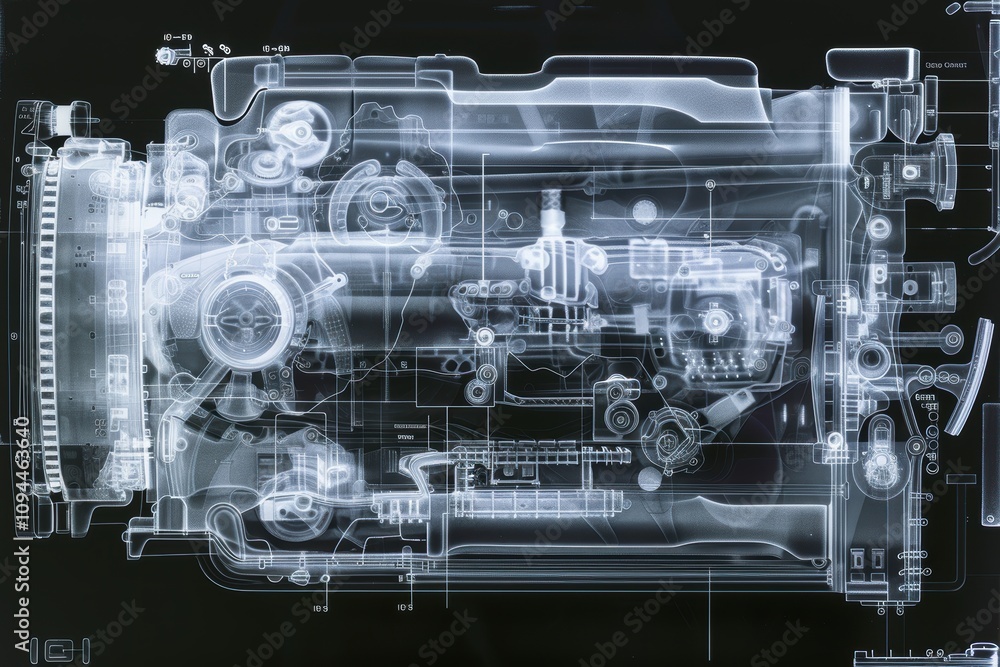 Poster intricate x-ray scan of complex mechanical assembly for engineering and design insights