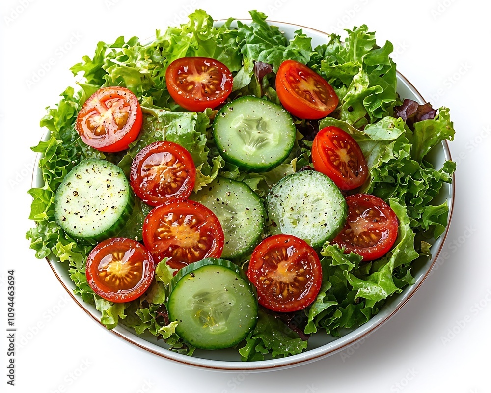 Poster refreshing green salad with cherry tomatoes and cucumber slices on clean white background