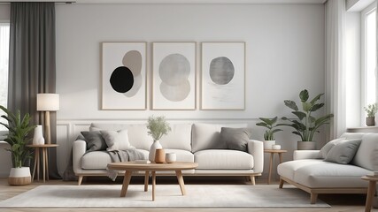 Interior of light living room with cozy grey sofa and coffee table