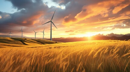 Obraz premium Scenic Landscape with Wind Turbines at Sunset