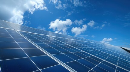 Solar Panels Under Bright Blue Sky with Clouds