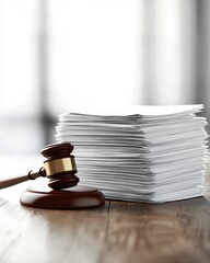 A wooden gavel rests beside a neat stack of legal documents, symbolizing justice and the legal process in a courtroom setting.