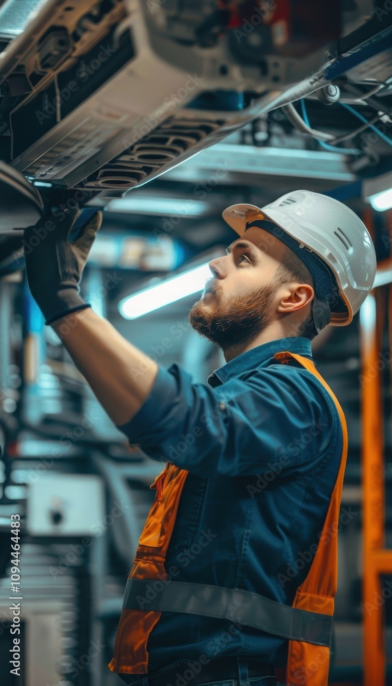 Poster skilled mechanic inspecting air conditioning system in a professional garage setting for precision r
