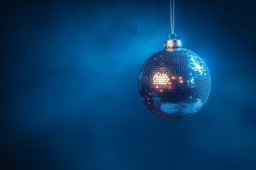 Fototapeta premium hanging discoball dark blue future dusk baubles on a dark blue background, representing the party. Web banner with copy space on the right. 