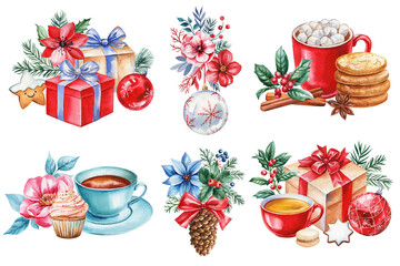 Watercolor holiday illustration set. Cup, gift box, ornaments, pine cone seasonal greenery. Christmas, festive decor
