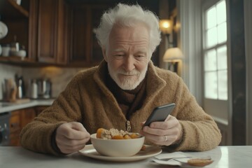 An elderly man with salt-and-pepper hair enjoys a warm bowl of oatmeal while checking his phone in a cozy kitchen during winter